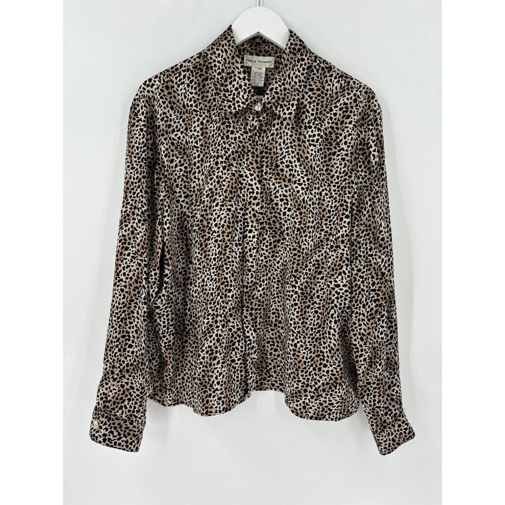 Rena Rowan Vintage Blouse Womens Medium Brown Black 100% Silk Cheetah Satin Top